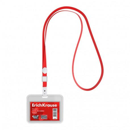 Horizontal ID card with lanyard  ErichKrause 85х54 mm, transparent, red lanyard color, in bag
