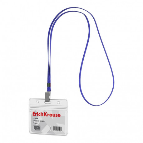Horizontal ID card with lanyard  ErichKrause 95х58 mm, transparent, blue lanyard color (in bag)