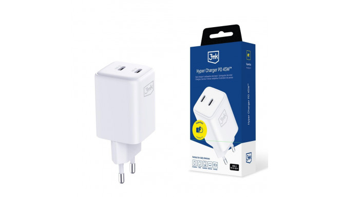3mk Hyper Charger PD 45W QC4+ PPS 2C Super-Fast Charge 2.0 Wall Charger - White