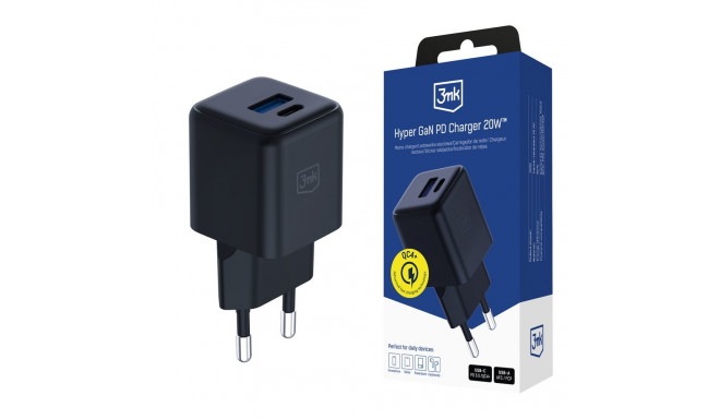 3mk Hyper GaN Charger 20W QC4+ PD PPS USB-C USB-A Wall Charger - Black