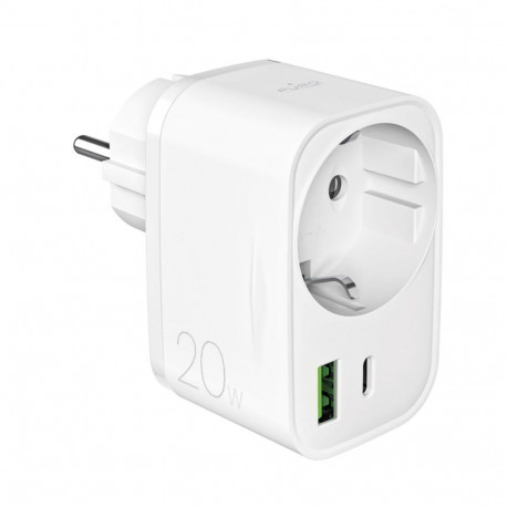 Puro 20W Power Delivery Charger with Schuko Plug and Socket 1x USB-C + 1x USB-A - White