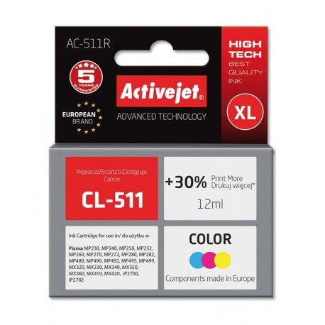 Activejet AC-511R tindikassett (asendus Canon CL-511; premium; 12 ml; värviline)