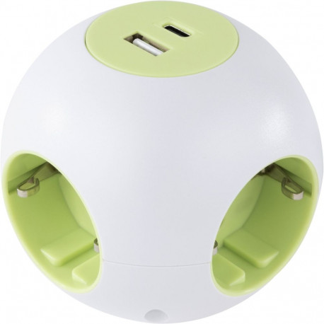 REV PowerGlobe Socket Cube 4-Way USB White-Green, 1.4m  015408112