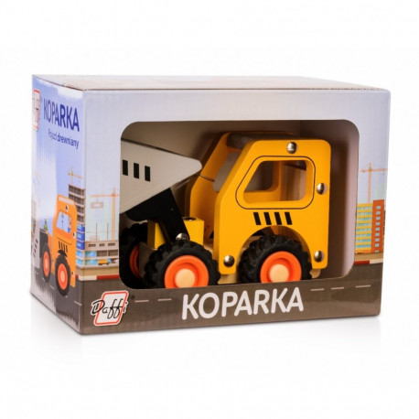 Drewniane auto z oponami koparka