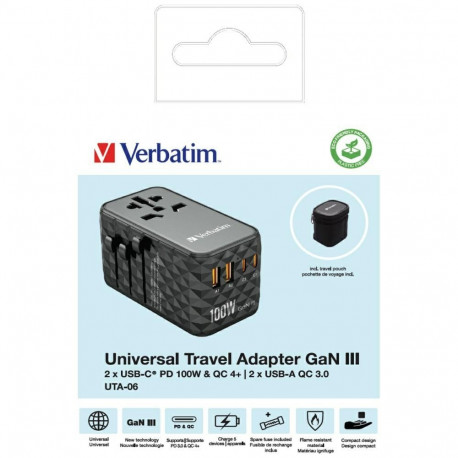 Verbatim Travel Adapter EU/UK/US GaN 2xUSB-A/2xUSB-C PD 100W UTA-06 black 32121