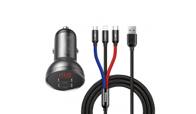 Baseus 2x USB 4.8A 24W car charger with LCD + 3in1 cable USB - USB Type C / micro USB / Lightning 1.
