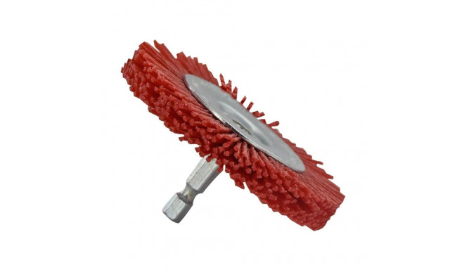Wheel brush for drill, red abrasive filament, wood stripping, 75mm