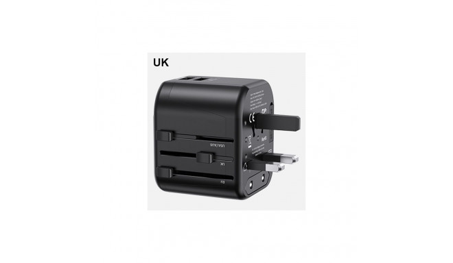 USAMS seinadapter 2xUSB T55 12W 4-ühes US/AU/EU/UK must CC173TC01 (US-CC173) universaalne reisilaadi