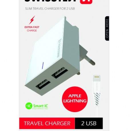 Swissten Premium Travel Charger 2x USB 3А / 15W With Lightning Cable 1.2m