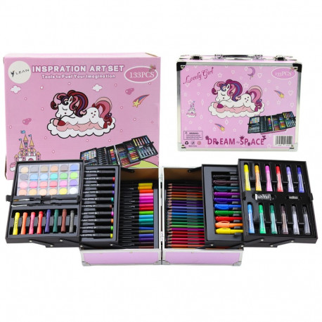 kunstikomplekt lahtikäivas kohvris ükssarvikuga 133 osa