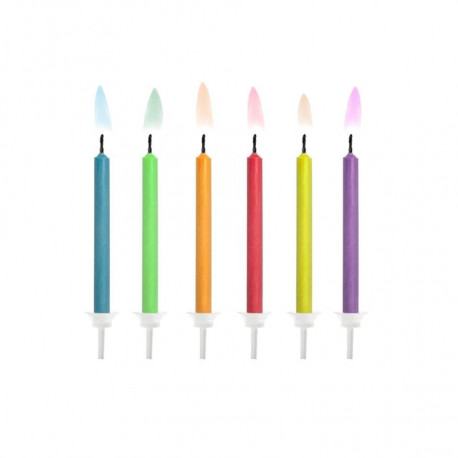 PartyDeco tordiküünal 6 tk, värvilise leegiga, koos küünlajalaga