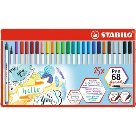 STABILO tindipliiats, Pen 68, pintselotsaga, 25 värvi, metallkarbis