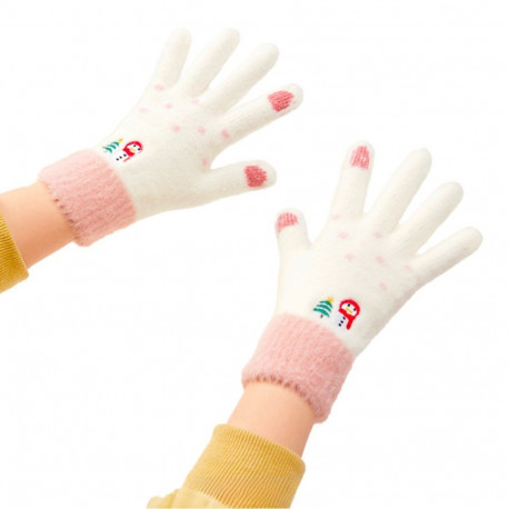 Hurtel Women's winter telephone gloves with a snowman and a Christmas tree - white and pink
