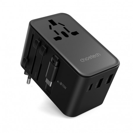 Choetech Choetech PD5022 70W EU/US/AUS/UK Travel Adapter with Built-in USB-C Cable - Black