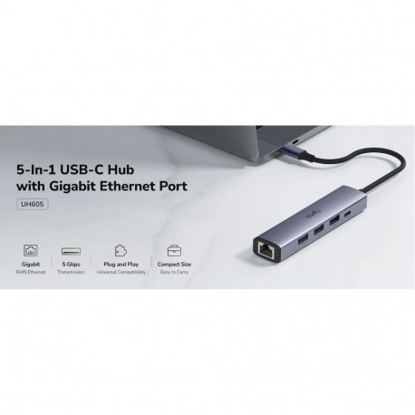 Cudy UH605 USB-C 5-in-1 Hub Gigabit LAN 3x USB-A 3.0 Power Input Aluminum Grey