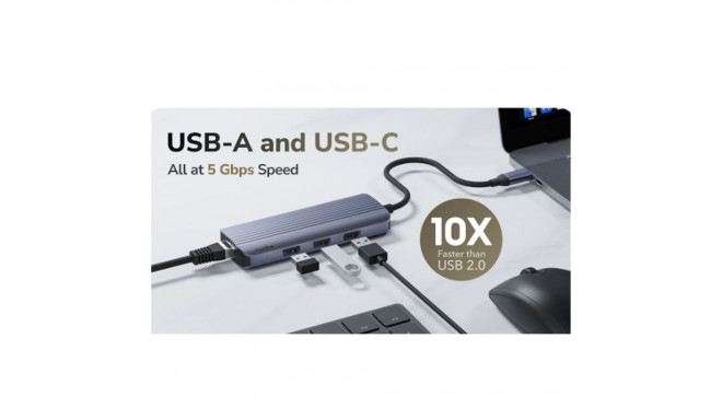 Cudy UH606 PortMate USB-C 6-in-1 Hub 4K 60Hz HDMI Gigabit LAN 3x USB-A Power Input Grey