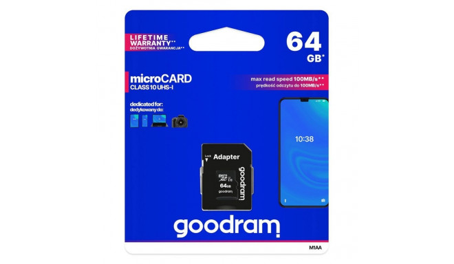 Goodram Goodram Microcard 64 GB micro SD XC UHS-I class 10 memory card, SD adapter (M1AA-0640R12)