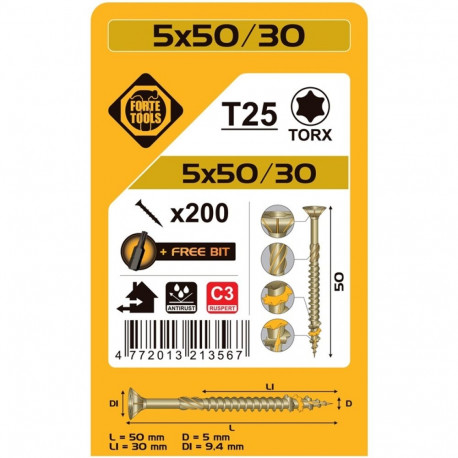 CHIPBOARD SCR T25 5.0X50/30 RSP(200)