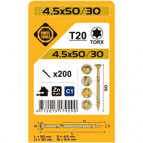 laudiskruvi T20 4.5x50/30 kollane tsink (200)