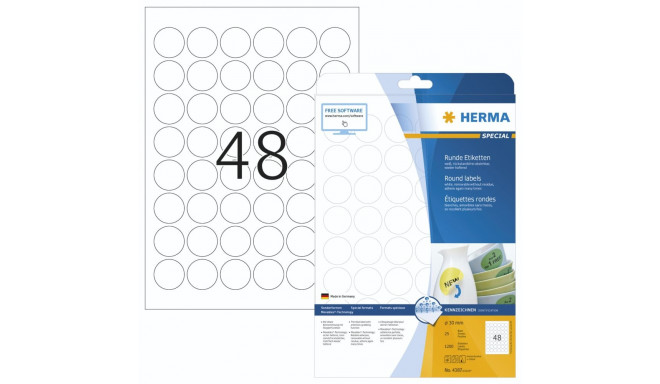 Herma Round Labels 30mm white 25 Sheets 1200 pcs.  4387