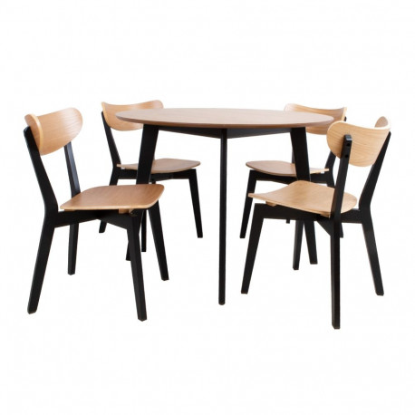 Dining set ROXBY round table, 4 chairs, oak/black
