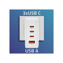 Qoltec 140W GaN Seinalaadija | 5-20V | 2.5-5A | 3 x USB-C PD | 1 x USB QC 3.0 | Valge
