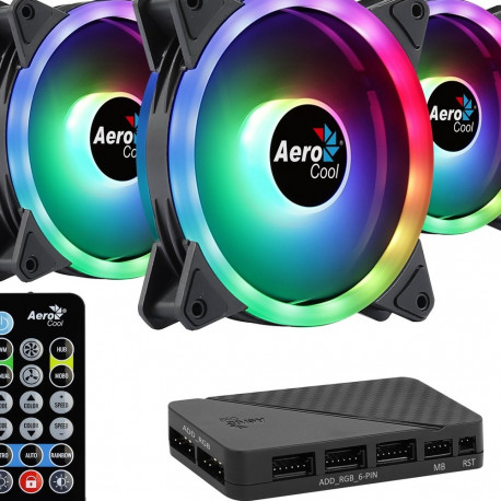 Aerocool DUO12PRO komplekt 3x ventilaator 12cm ARGB LED kahe rõngaga vibratsioonivastane 6-pin must
