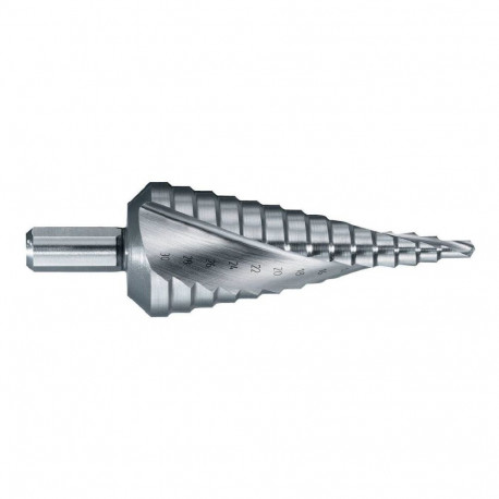 Step drill Ø4-30 mm, HSS. Step 2 mm. Helicoidal flute. Bright, uncoated