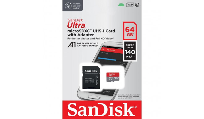 SanDisk mälukaart microSDXC 64GB Ultra Android 140MB/s A1 C10 UHS-I + adapter