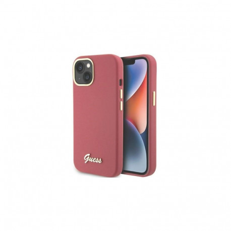 Guess Apple iPhone 15 / 14 / 13 6.1 magenta hardcase Silicone Script Metal Logo Red
