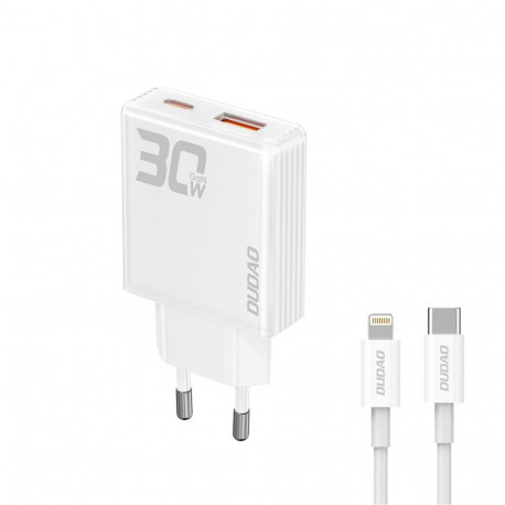 Dudao GaN Dudao A30EUL 30W USB-A / USB-C Wall Charger + USB-C - Lightning Cable - White