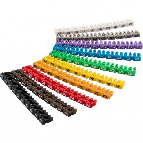 Cable marker clips ‘Digits 0–9’ for cable diameters up to 6mm; 100pcs, 10 different colour
