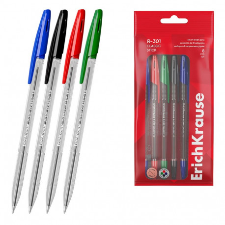 Set of 4 ballpoint pens ErichKrause R-301 Stick Classic 1.0,  ink color: blue, black, red, green (in