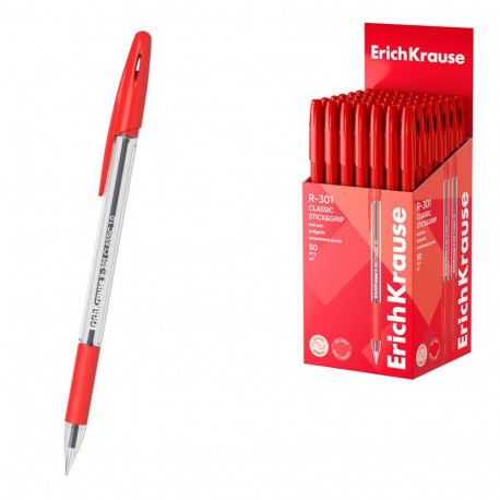 Ballpoint pen ErichKrause R-301 Stick&Grip Classic 1.0, ink color: red (box 50 pcs.)