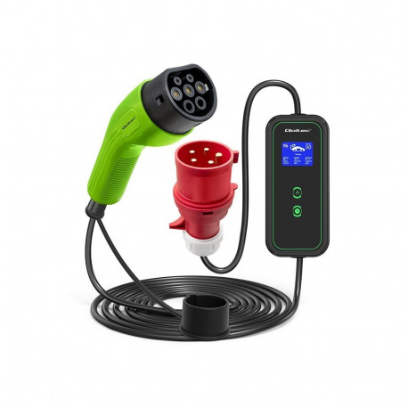 Qoltec mobiilne EV auto laadija reguleeritav 2in1 Type2 | 11kW | CEE 5 PIN | LCD | 3 faasi | kaasask