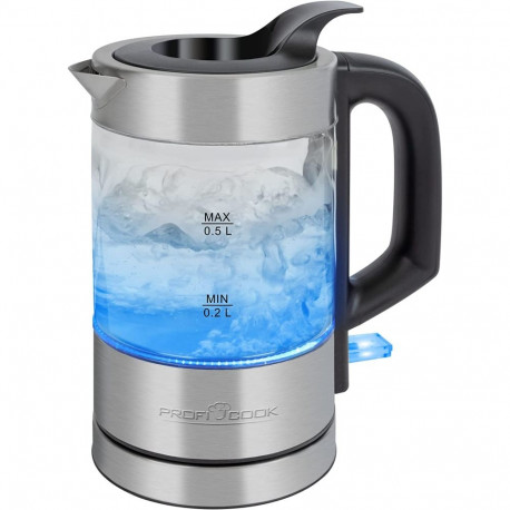 Glas-Wasserkochher PC-WKS 1228 G (edelstahl/schwarz, 0,5 Liter)