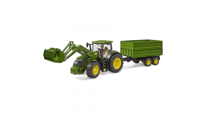 Bruder John Deere 7R 350 with front loader and tandem axle transport trailer, model vehicle