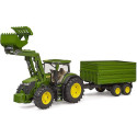 Bruder John Deere 7R 350 with front loader and tandem axle transport trailer, model vehicle