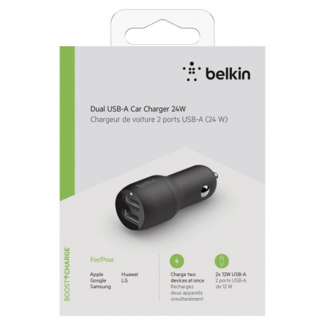 Belkin BoostCharge Dual USB-A Car Charger 24W -autolaturi, musta