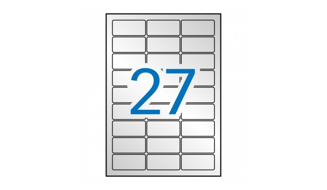 Etikett iseliimuv APLI 63,5x29,6mm, hõbe polüester, ilmastikukindel, 27 tk A4 lehel, 20 l/pk,  Ref.1