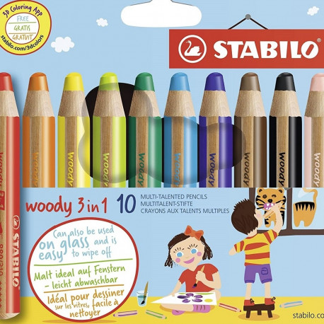 Värvipliiats Stabilo woody 3 in 1, 10 värvi pakis