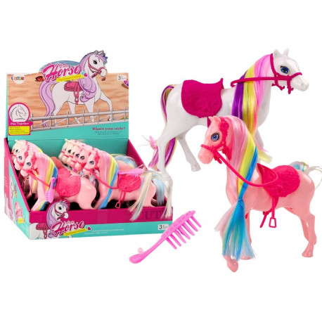 Figurka Koń Z Kolorową Grzywą Różowe Siodło Szczotka Farma Biały Różowy