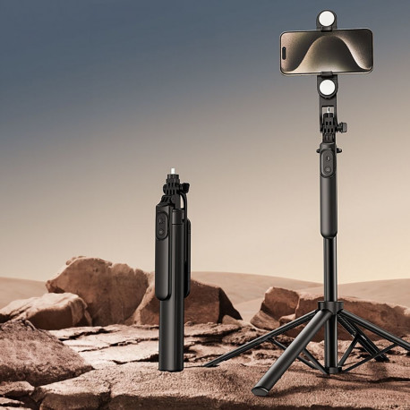 Selfie stick WH181D-Y1S 1.75m aluminum alloy telescopic tripod with dual lamp and phone holder - bla
