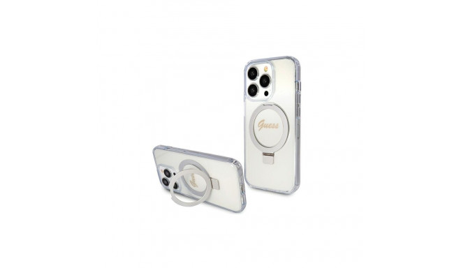 Guess Ring Stand Script Glitter MagSafe case for iPhone 15 Pro - transparent