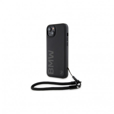 BMW Signature Leather Wordmark Cord Case for iPhone 15/14/13 - Black
