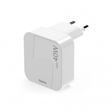 USB-laadija seinapesasse Hama Folding Mini - GaN 40W, 2xUSB-C Power Delivery (PD), white/valge, kokk