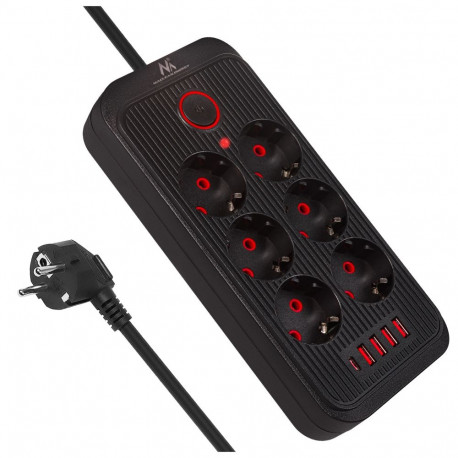 Maclean pikendusjuhe MCE391 B 6 pistikupesa + 4×USB 110–240V AC 50/60Hz 2.1A max 2500W 3m, must
