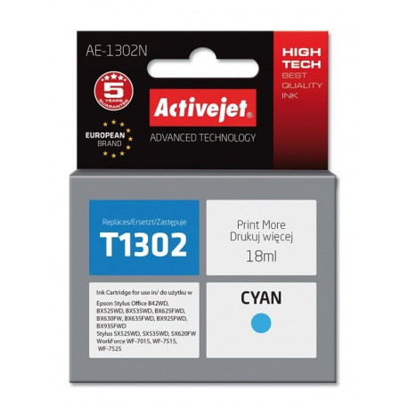 Activejet AE-1302N tindikassett (asendus Epson T1302; Supreme; 18 ml; tsüaan)