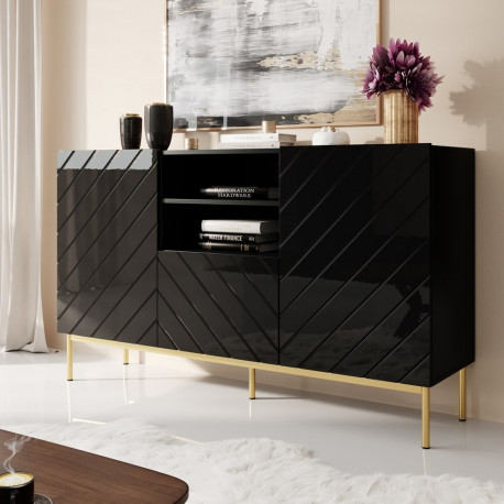 ABETO chest of drawers on golden steel frame 150x42x90 black/black gloss