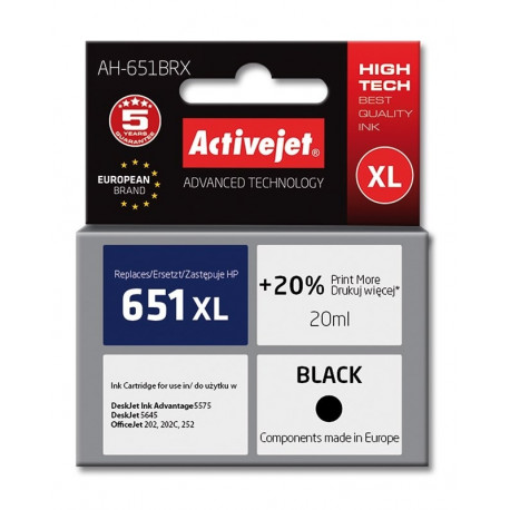 Activejet AH-651BRX tindikassett (asendus HP 651 C2P10AE; premium; 20 ml; must)